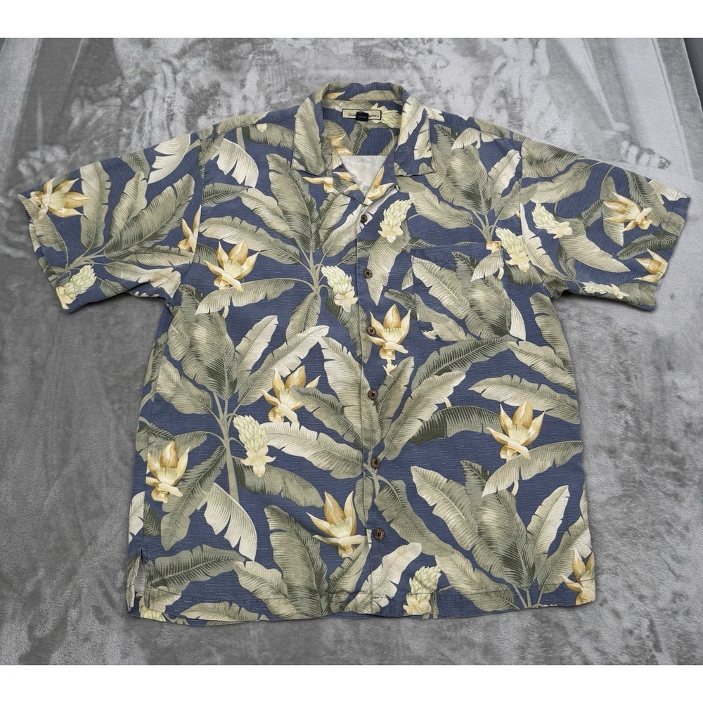 Tommy Bahama Silk Shirt Mens Large Blue Camp Tropical Floral Hawaiian Vintage